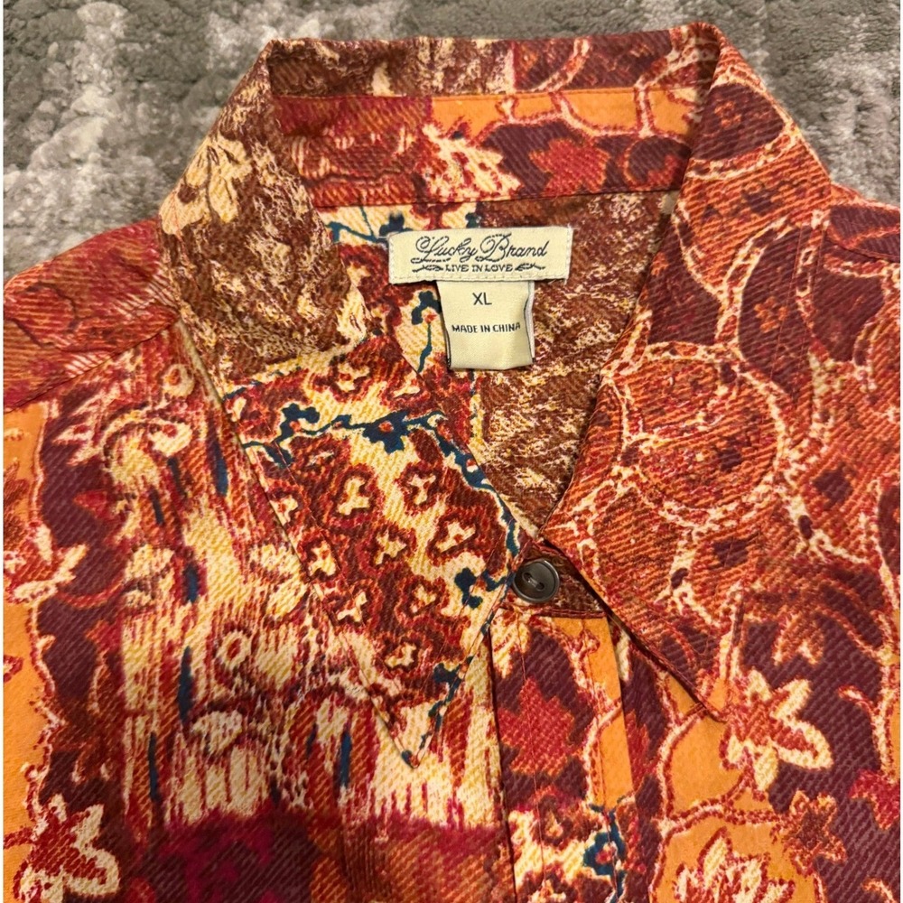 NWOT LUCKY BRAND Live In Love Top Women's XL Rust Print 100% Silk Button Shirt - Picture 4 of 11